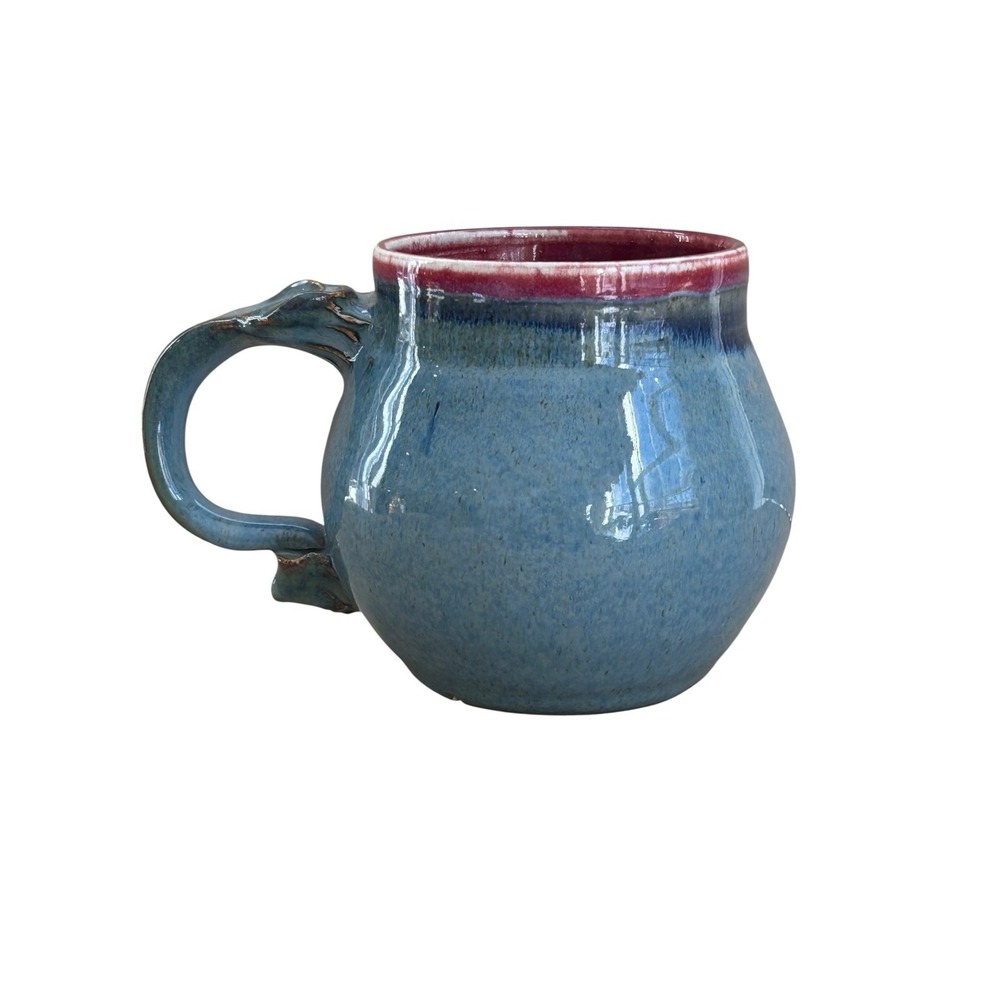 studio‎ Pottery Blue Mug Cranberry Rim Hand Thrown Stoneware Bennington Style